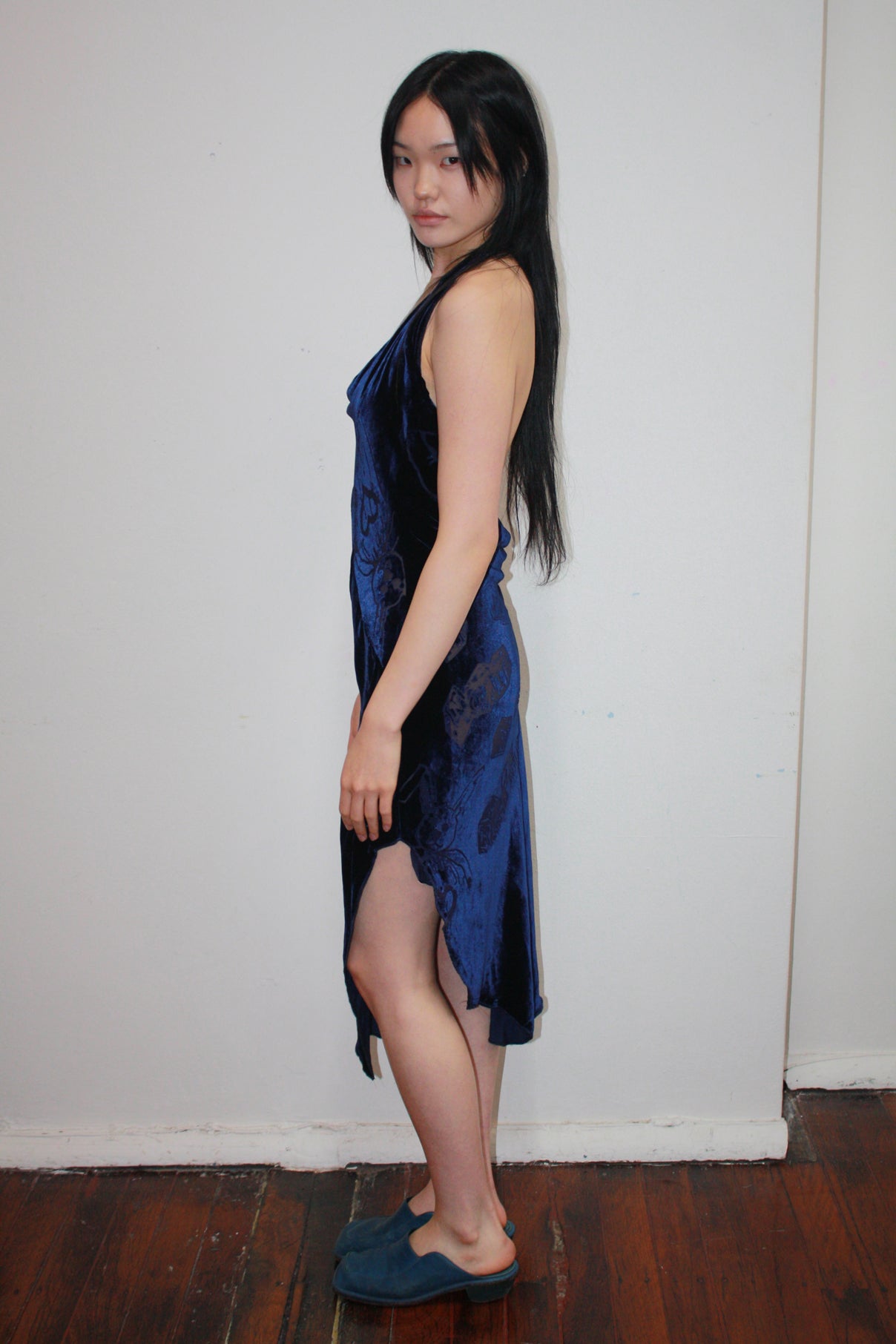 Bias Cut Bunny Dress in Blue Devore Silk Rayon Velvet