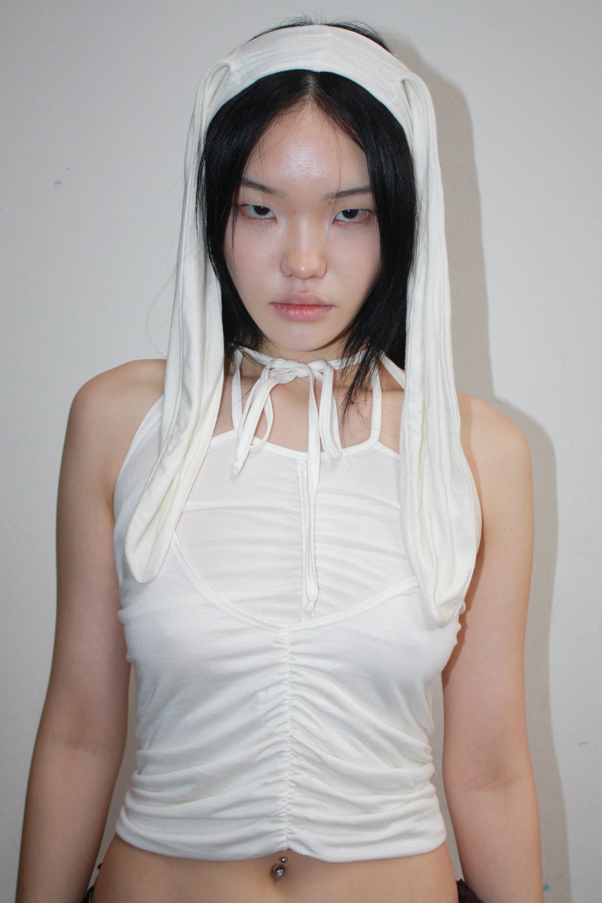Tie on Bunny Ears in shell mesh & white modal silk