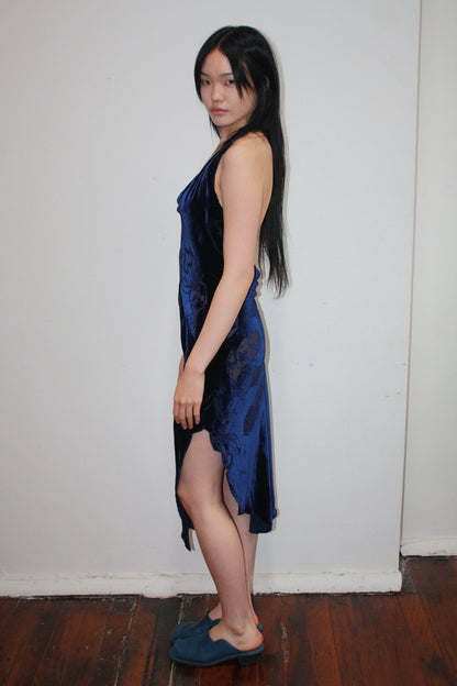 Bias Cut Bunny Dress in Blue Devore Silk Rayon Velvet - MADE TO ORDER